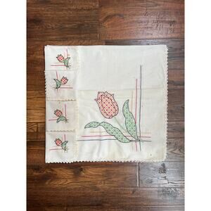 Vintage Linens - Square Tablecloth and Napkin Set - Embroidered Red Tulips